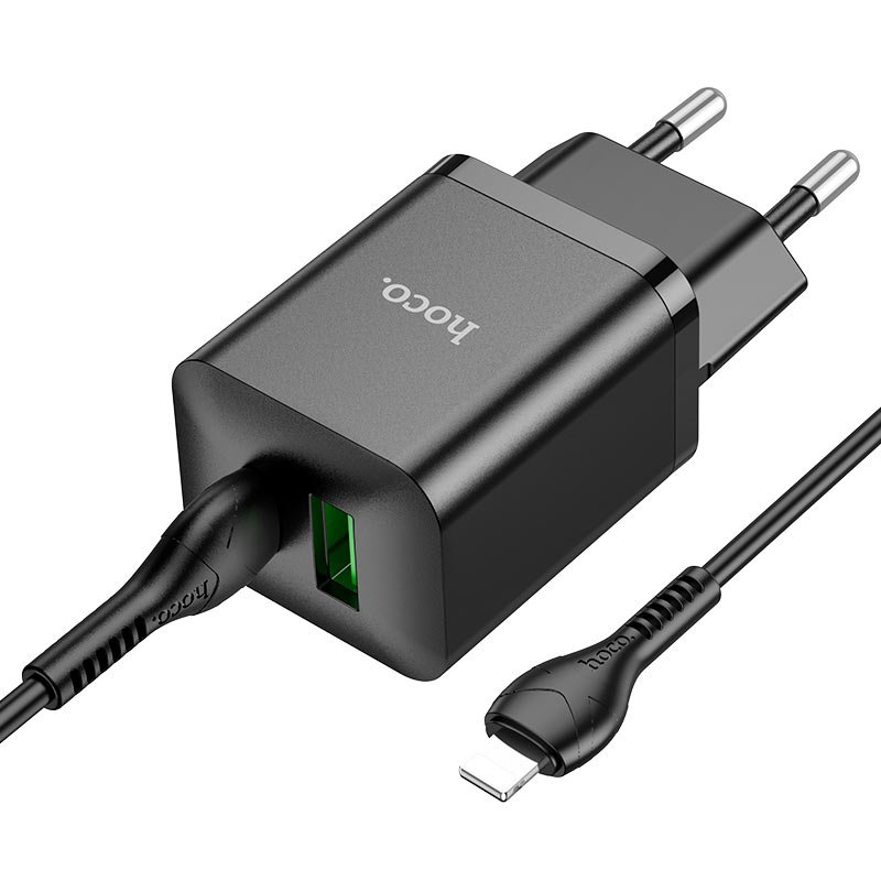 Блок питания сетевой HOCO N28 Founder 1USB, 1Type-C 3000mA, 20Вт, QC3.0, PD3.0, кабель 8 pin-Type-C чёрный
