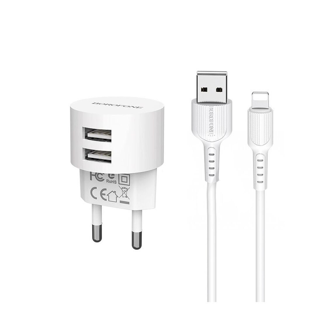 Зарядное устройство Borofone BA23A Brilliant 2USB 2400mA, кабель 8pin белый
