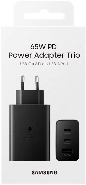 Сетевое Зарядное Устройство Samsung 65W PD adapter trio USB-Cx2 Ports, USB-A port black Черный ( EP-T6530) High Copy 1:1