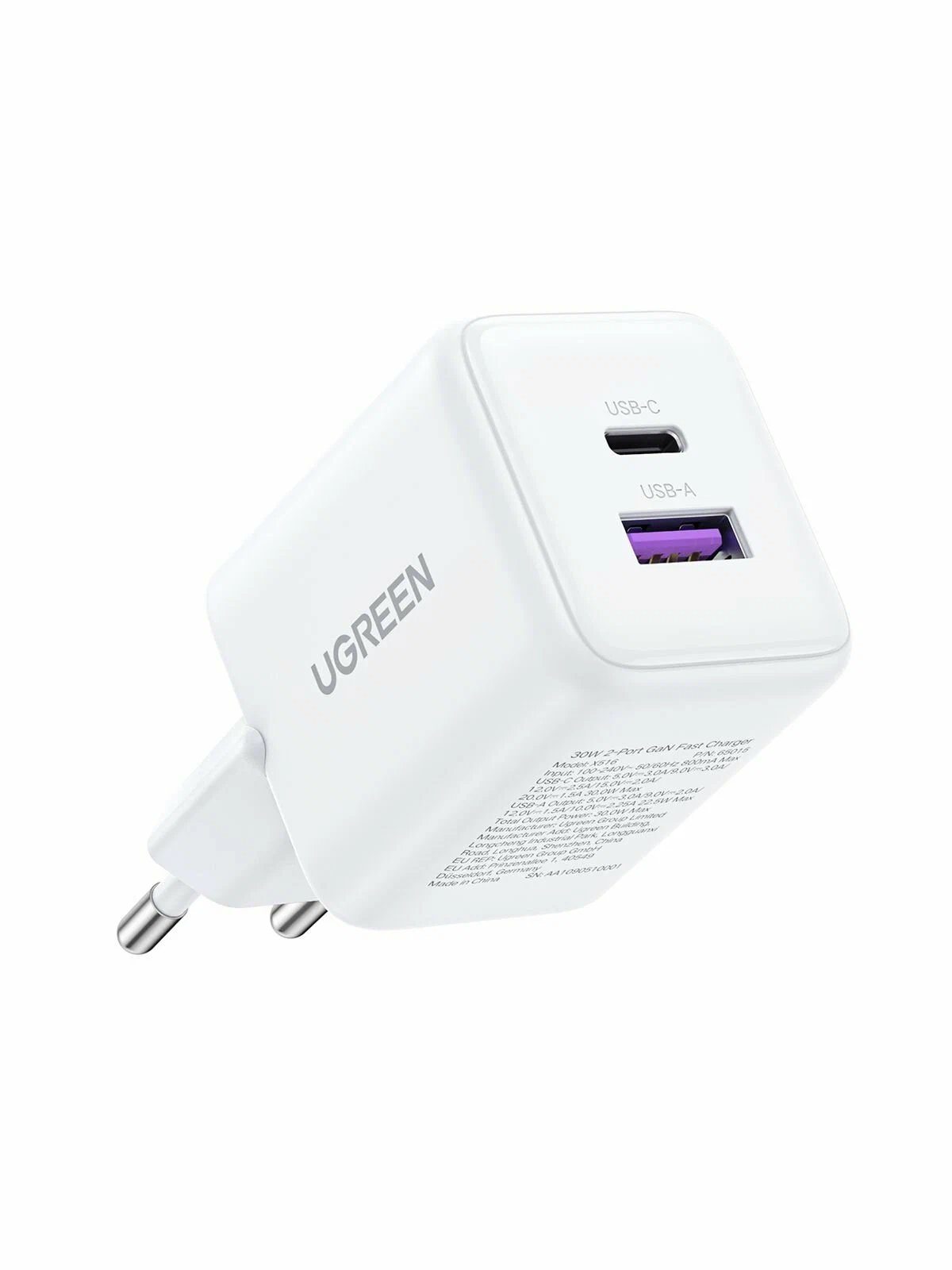 СЗУ UGREEN X516 (65015) 30W 2-Port USB-C&USB-A GaN Fast Charger EU White