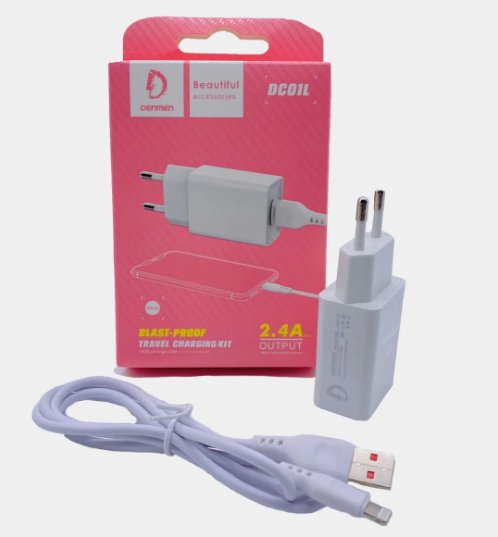 СЗУ 2в1 Denmen DC01L, Apple 8 pin, 2.4А, 1 USB, 5V, 1.0 м, белый, фирменная упаковка
