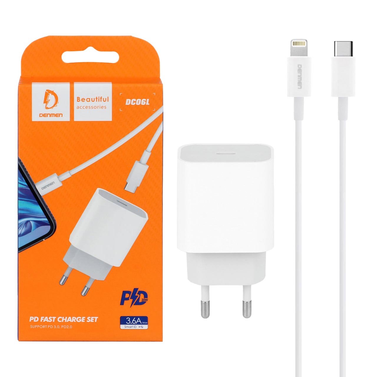 Сетевое зарядное утройство 2в1 Denmen DC06L, PD 20W, Apple 8 pin, 3.6А, 1 Type-C, 5V/9V, 1.0 м, белый, фирменная упаковка