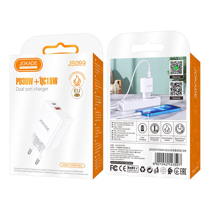 Зарядное устройство JOKADE JB099 PD30W+QC3.0 white