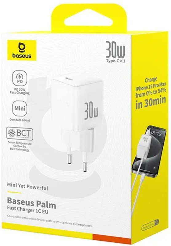 АП сетевой Baseus Palm Fast  P10111605213-00, 3.0А, 1 Type-C, 30W, пластик, белый