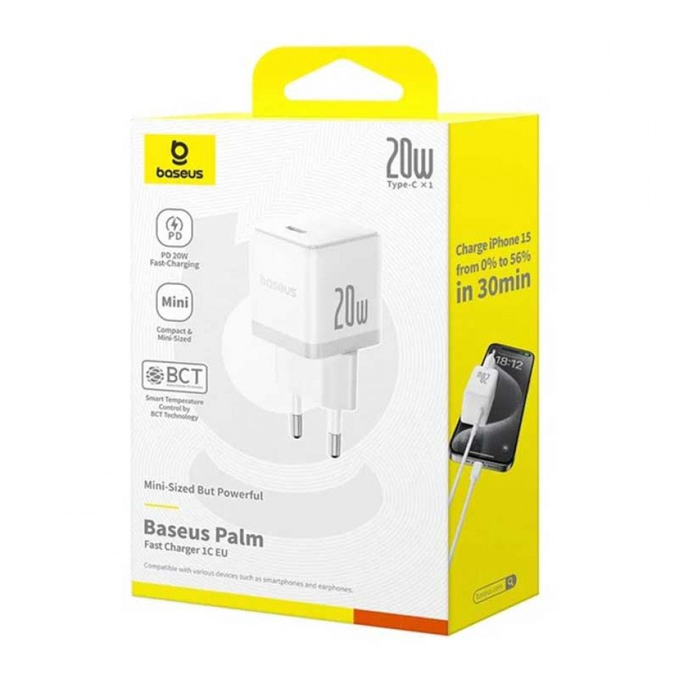 АП сетевой Baseus Palm Fast  P10111602213-00, 3.0А, 1 Type-C, 20W, пластик, белый