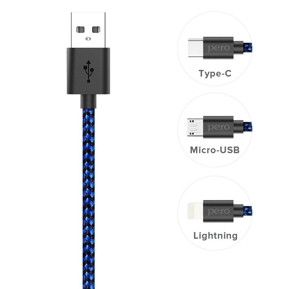 Дата-кабель PERO DC-04 Type-C, 3А, 2м, Blue-black (Fast Charge)