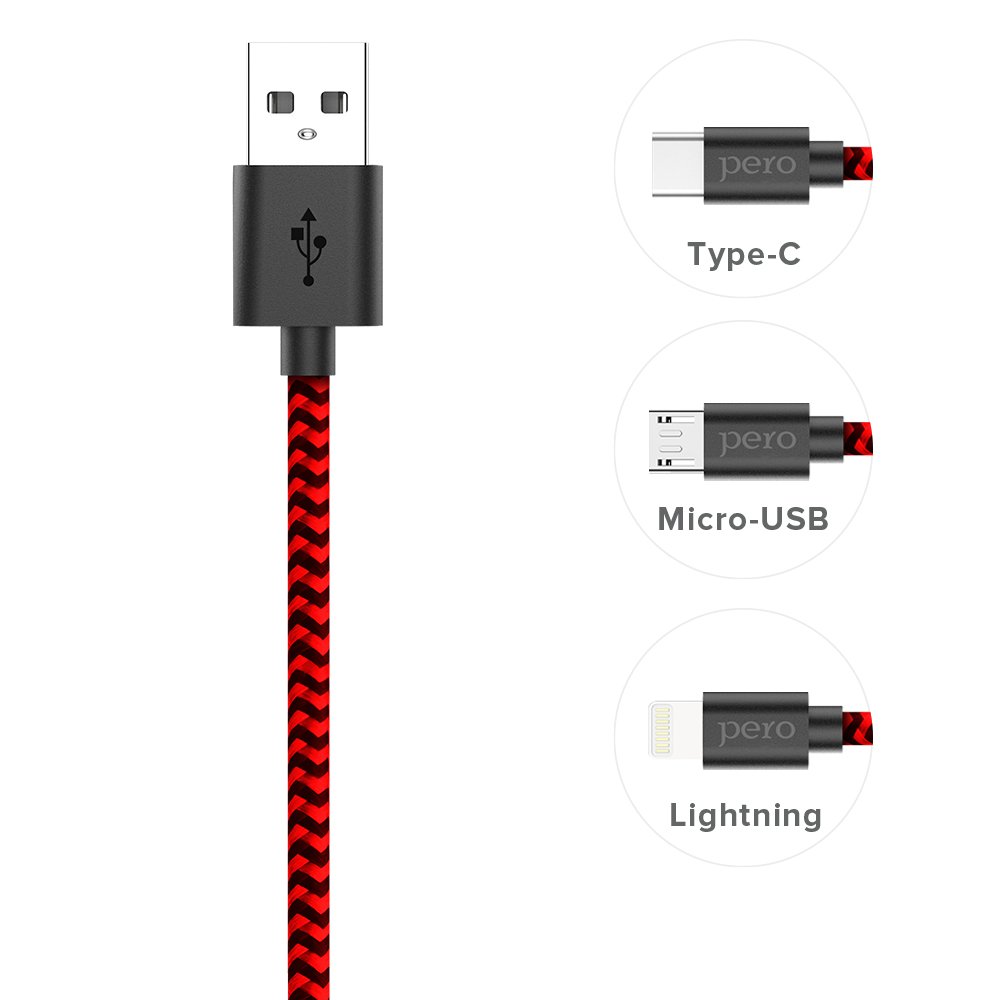 Дата-кабель PERO DC-04 Type-C, 3А, 1м, Red-black (Fast Charge)