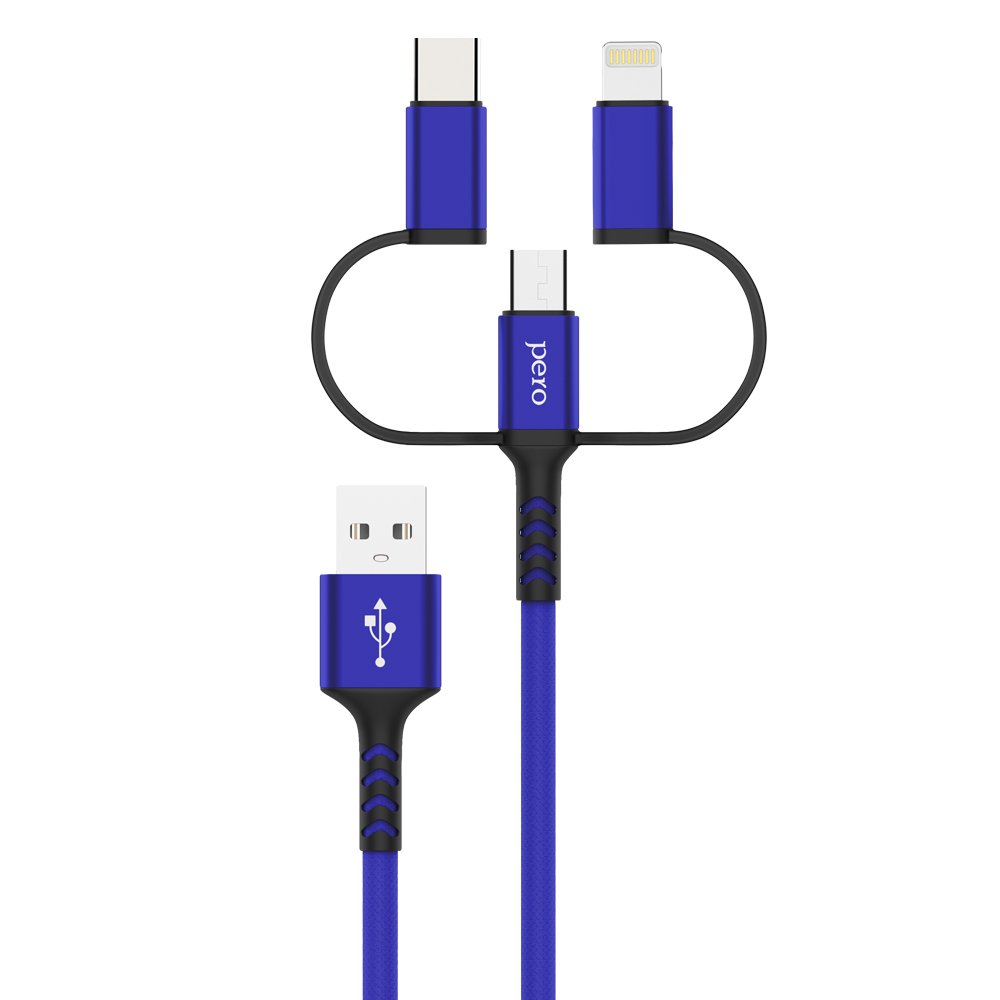 Дата-кабель PERO DC-06 Universal 3 in 1 (Lightning/micro USB/Type-C), 3А, 1м, синий
