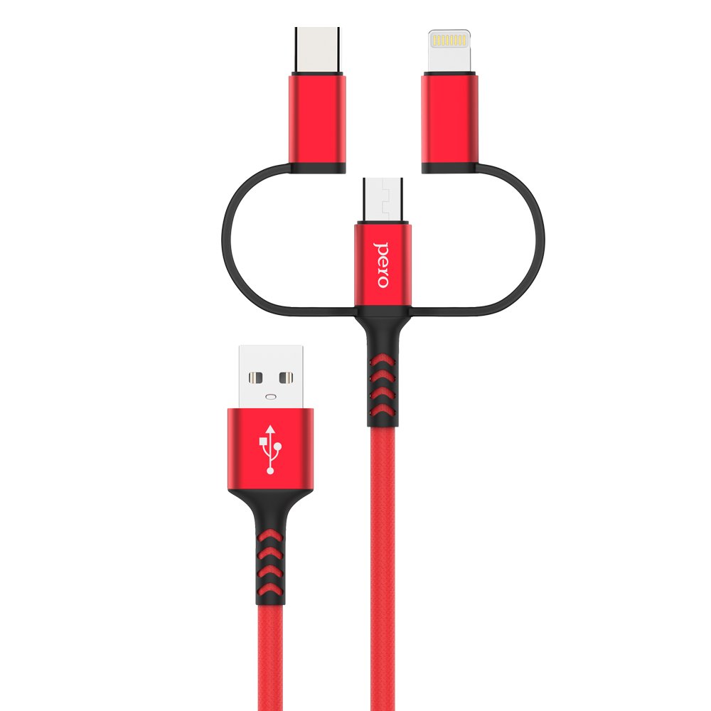 Дата-кабель PERO DC-06 Universal 3 in 1 (Lightning/micro USB/Type-C), 2А, 2м, красный