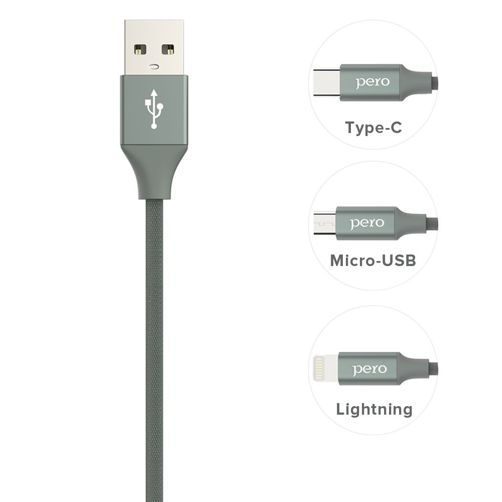 Дата-кабель PERO DC-02 Type-C, 2А, 1м, серый
