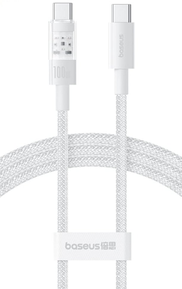 USB-кабель Baseus P10383100211-00, Type-C - Type-C, ткань, 1.0 м, круглый, поддержка PD 100W, белый, фирменная упаковка