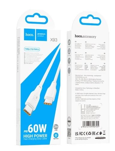 Дата-кабель HOCO X93 Force 60W charging Type-C + Type-C, 1м (белый)