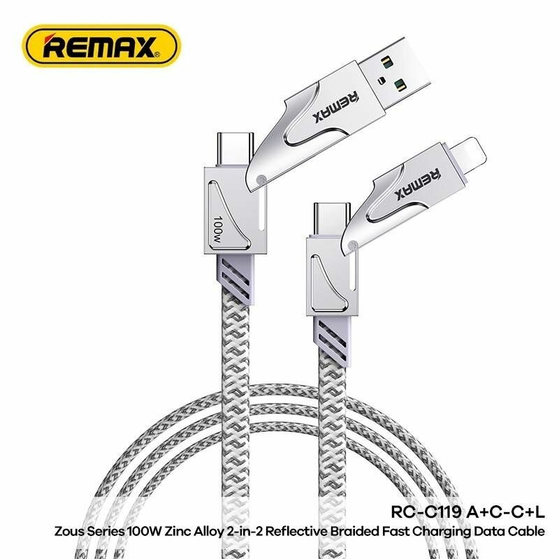 Дата-кабель REMAX Zous Series 100W Zinc Alloy 2-in-2 Reflective Braided Fast Charging Data Cable 1.2M RC-C119 A+C-C+L (белый)