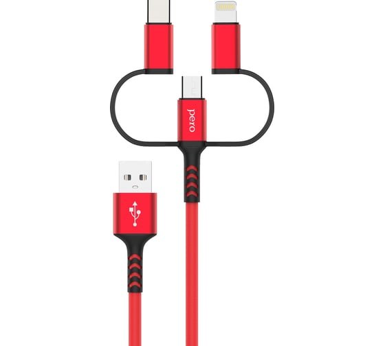 Дата-кабель PERO DC-06 Universal 3 in 1 Lightning/micro USB/Type-C, 3А, 1м красный