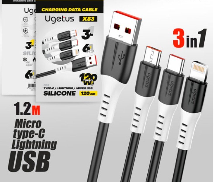 USB-кабель Ugetus X83 3in1 Micro/Type-C/Lightning силиконовый 1,2м Black в пакетике