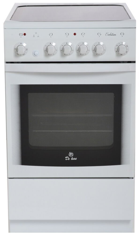 Плита Электрическая De Luxe 506004.03эс белый стеклокерамика, 85x50x60см, 4 конфорки, духовка 54л,  класс А