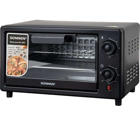 Мини-печь SONNEN EO-1001 (458308) 800Вт, 10л, таймер, нагрев до 230 °C, черная