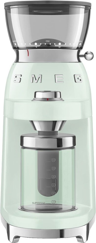 Кофемолка SMEG CGF03PGEU стиль 50-х гг, 15 уровней помола, конические жернова, объем контейнера для кофе 240г пастельный зеленый