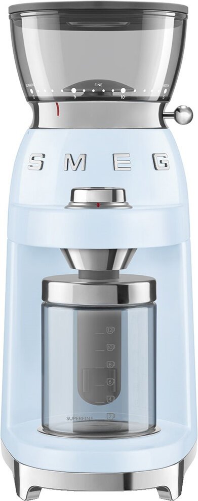 Кофемолка SMEG CGF03PBEU стиль 50-х гг, 15 уровней помола, конические жернова, объем контейнера для кофе 240г пастельный голубой